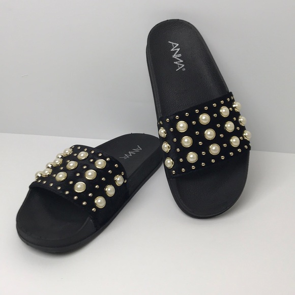 Black Suede Slides with Pearl and Gold Detailing - Picture 2 of 3